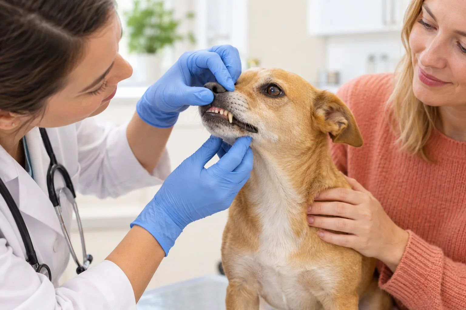 Veterinary professional gently examining a small tan dog beside its owner